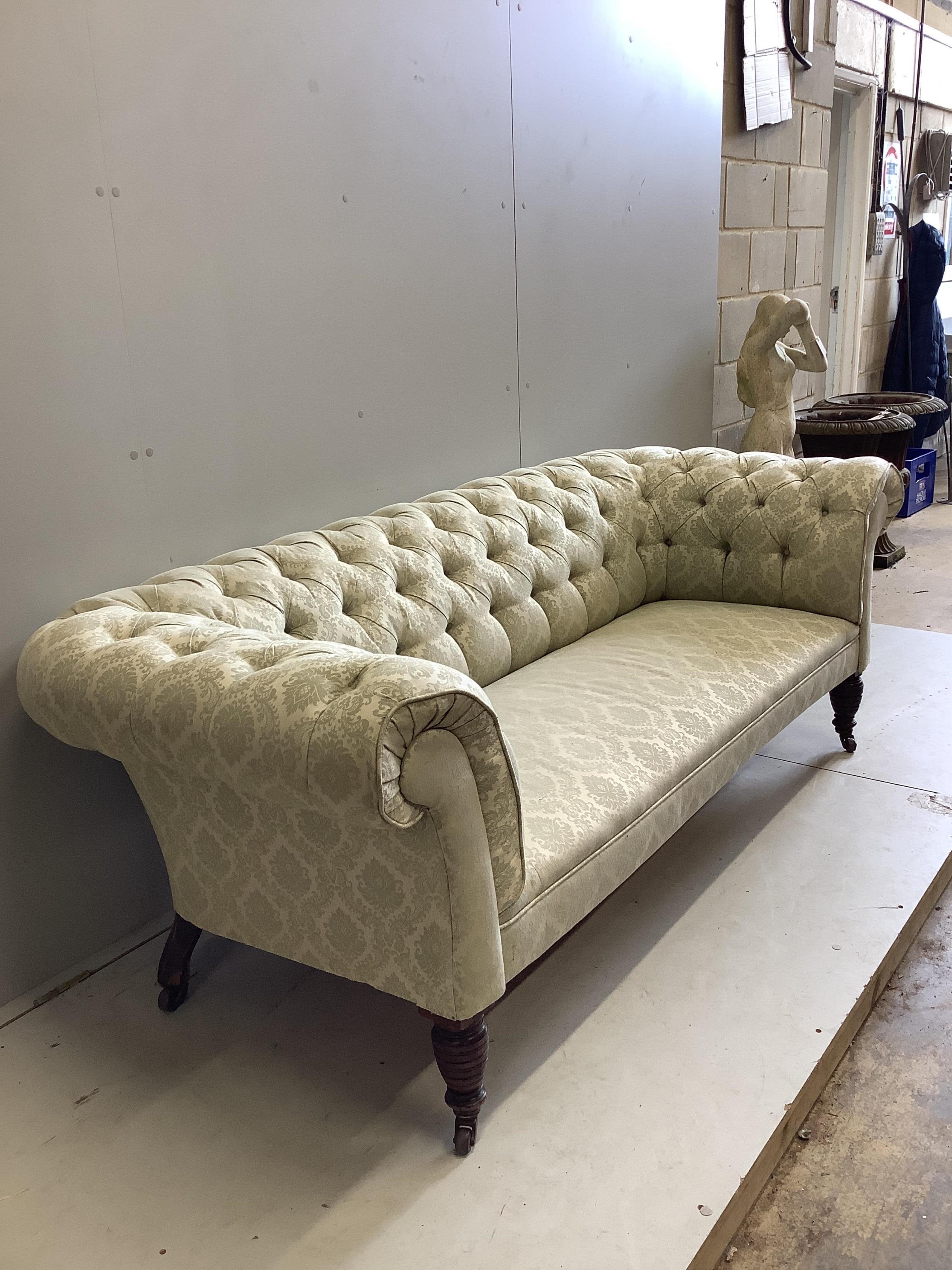 A late Victorian Chesterfield settee, width 196cm, depth 83cm, height 72cm. Condition - fair